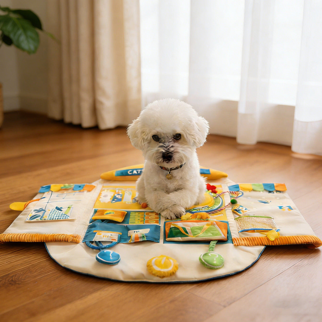 Dog sitting on large interactive snuffle mat mat suitable for cats and small dogs