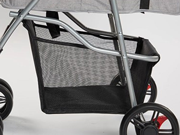 Pet stroller with large under-seat storage basket for toys, treats, and travel essentials