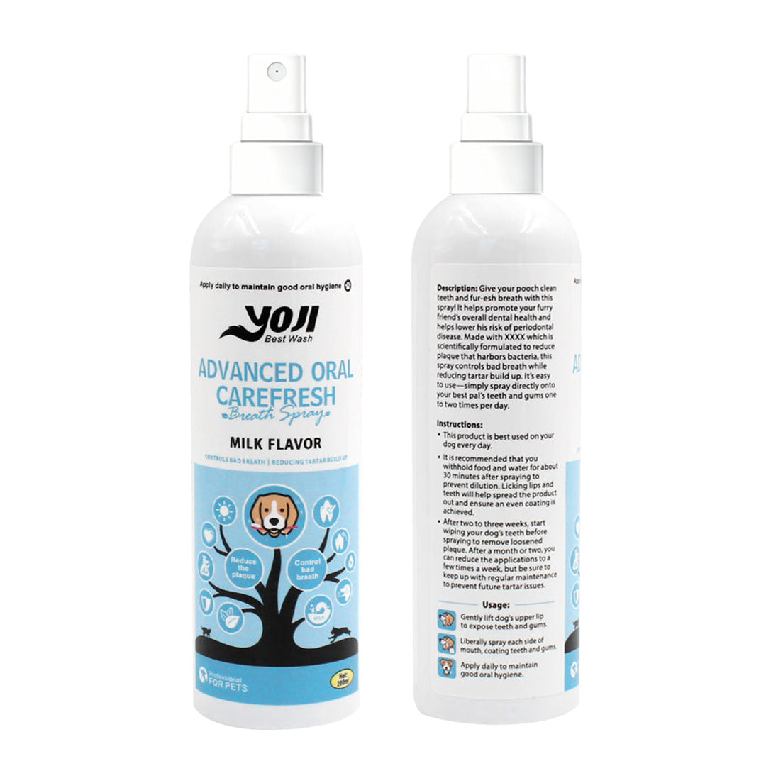 Milk flavor pet oral care spray front and back bottle view for daily dental hygiene