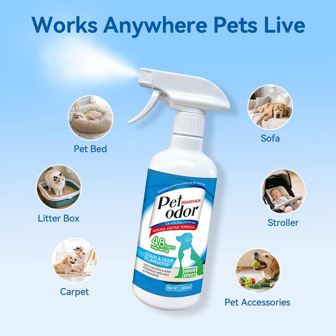 Natural Enzyme Pet Odor Spray with Multi-use works anywhere pets live like pet bed, sofa, litter box and so on