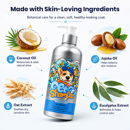 Fragrance-free dog shampoo made with oat extract, coconut oil, jojoba oil, and eucalyptus extract for soft, fresh coats