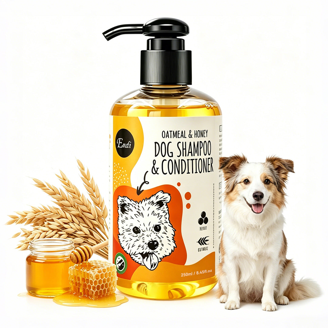 Oatmeal and honey dog shampoo and conditioner bottle with honeycomb, honey jar, oats and a smiling dog on a clean white background.