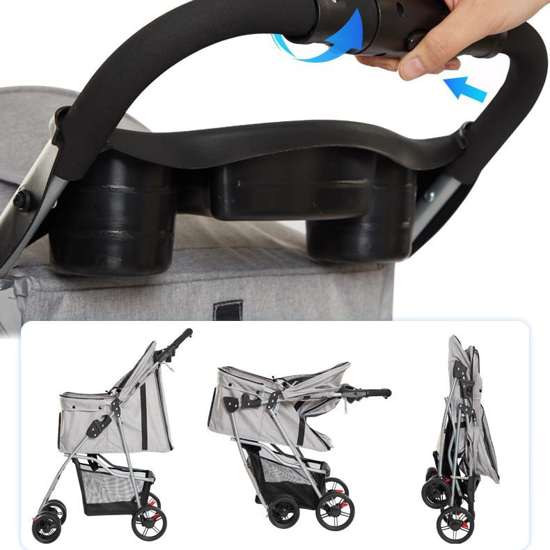 One-touch folding pet stroller handle showing quick fold mechanism and compact storage steps