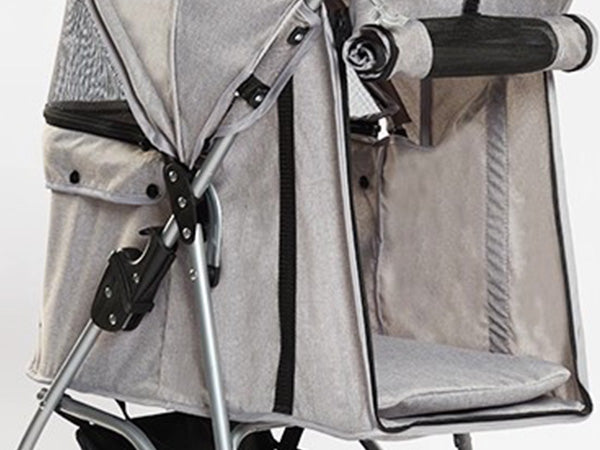 Pet stroller with open rear door for easy pet entry and exit, designed for comfortable outdoor travel