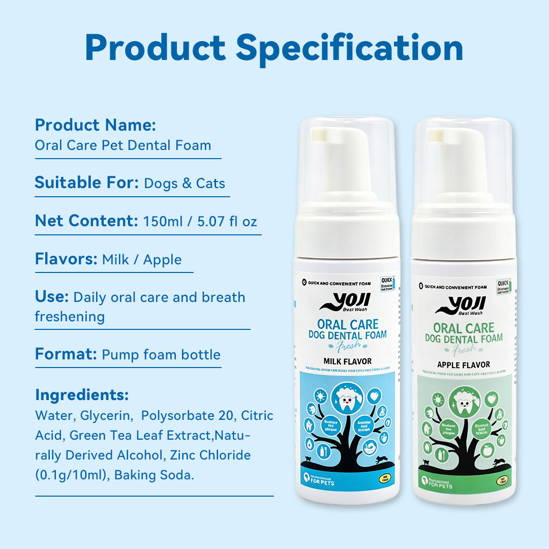 Dog and cat dental foam product specification showing milk and apple flavors, 150ml size, pump foam format, and daily oral care use