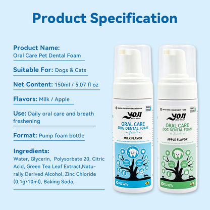 Dog and cat dental foam product specification showing milk and apple flavors, 150ml size, pump foam format, and daily oral care use