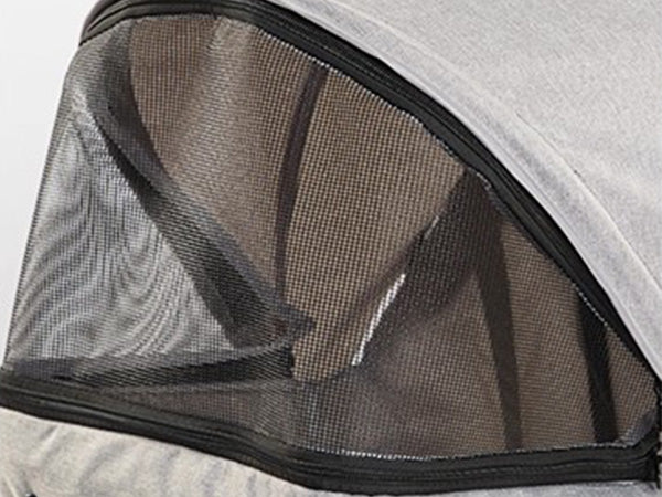 Pet stroller panoramic mesh window providing airflow, visibility, and reduced anxiety for pets