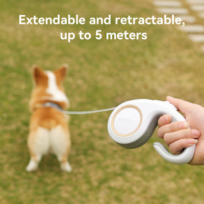 Extendable retractable dog leash showing up to 5 meters length