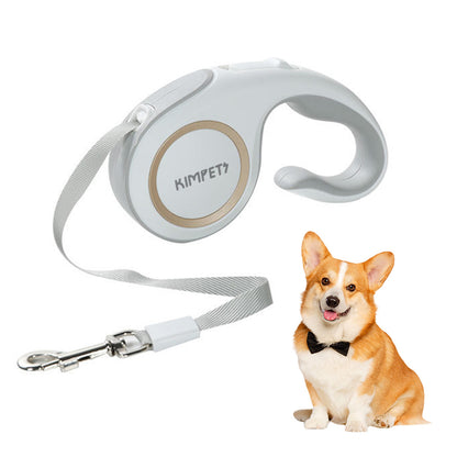 White automatic dog leash with ergonomic handle and nylon tape