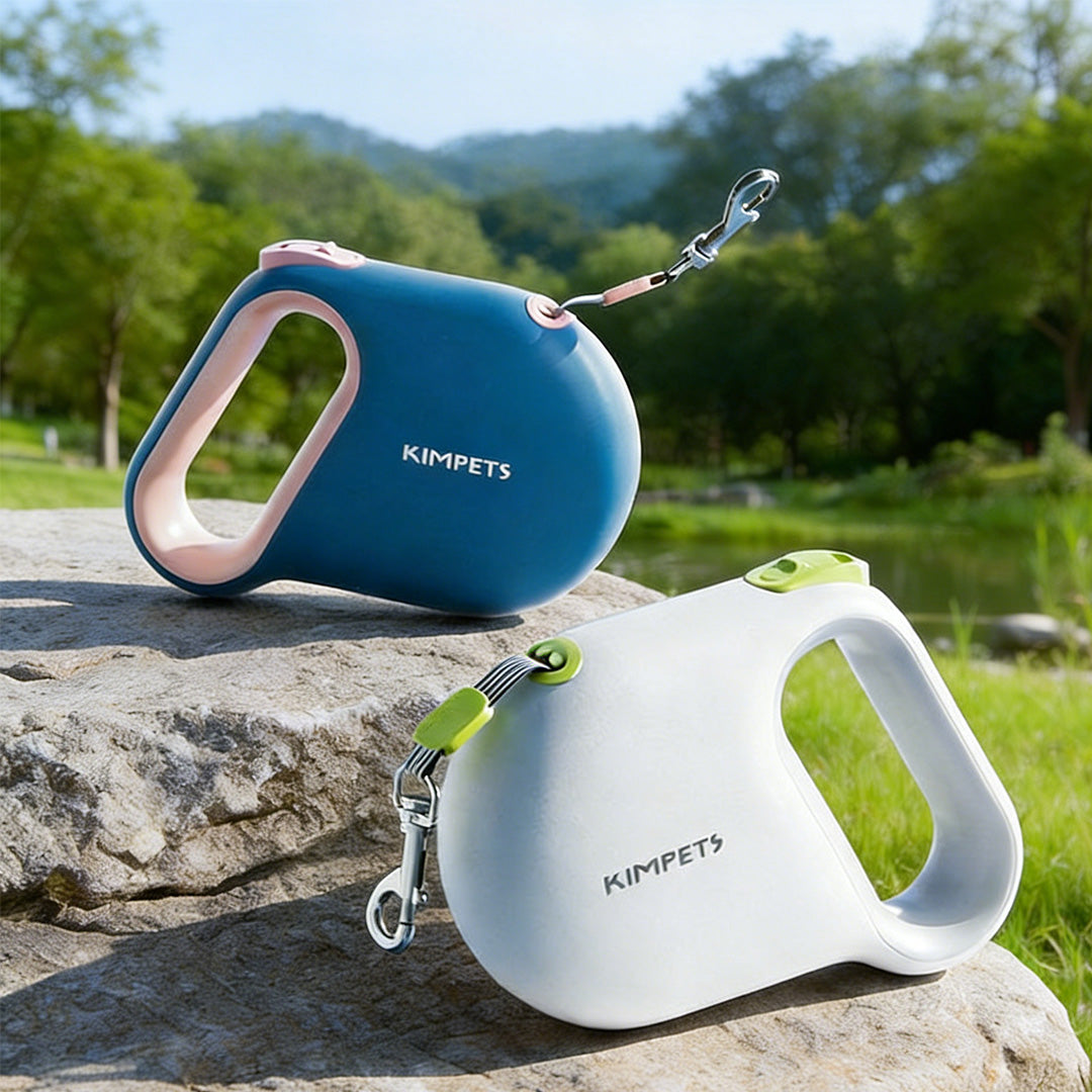 Retractable dog leash placed outdoors on rocks, showcasing durable design and modern colors