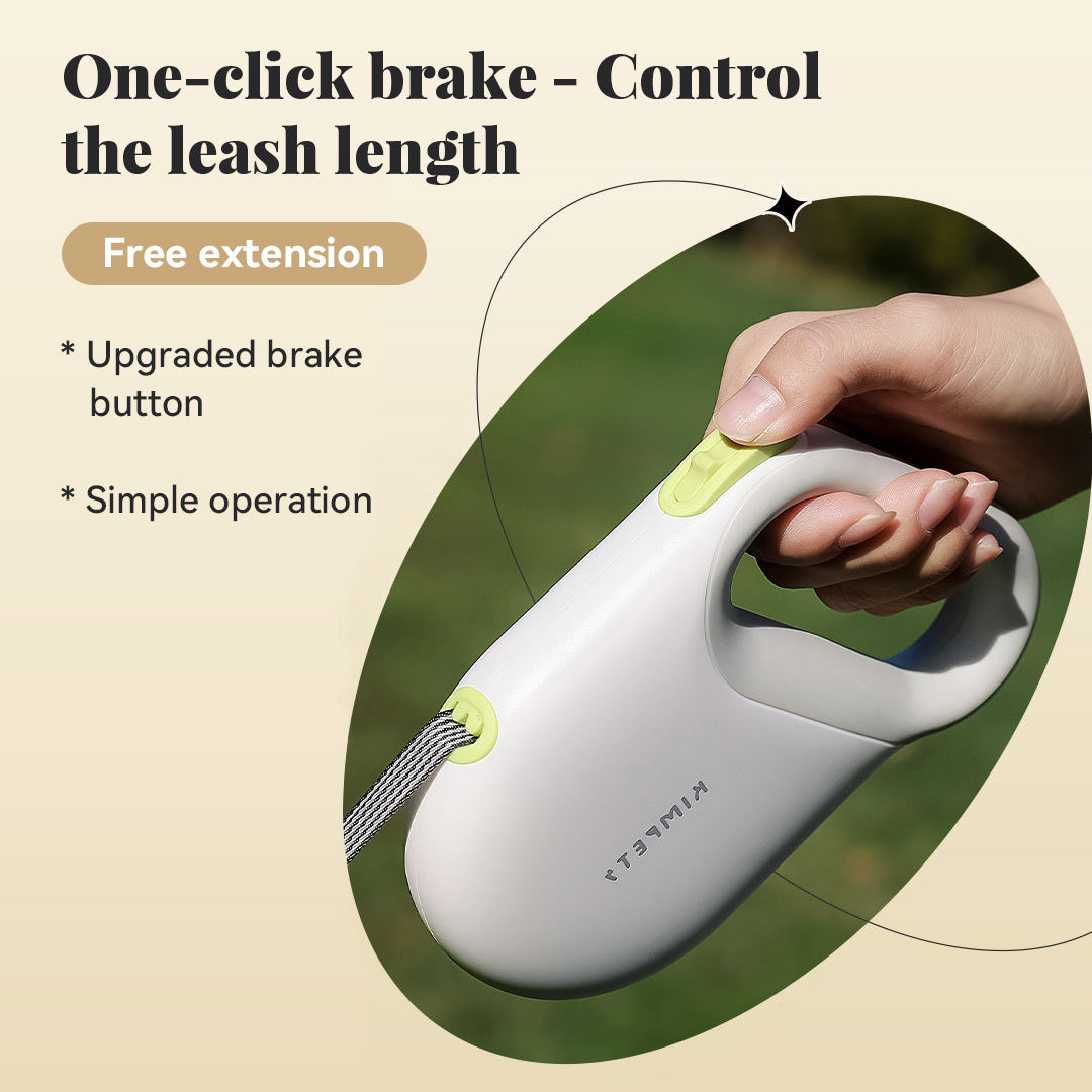 One-button brake control on retractable dog leash for free extension and instant lock