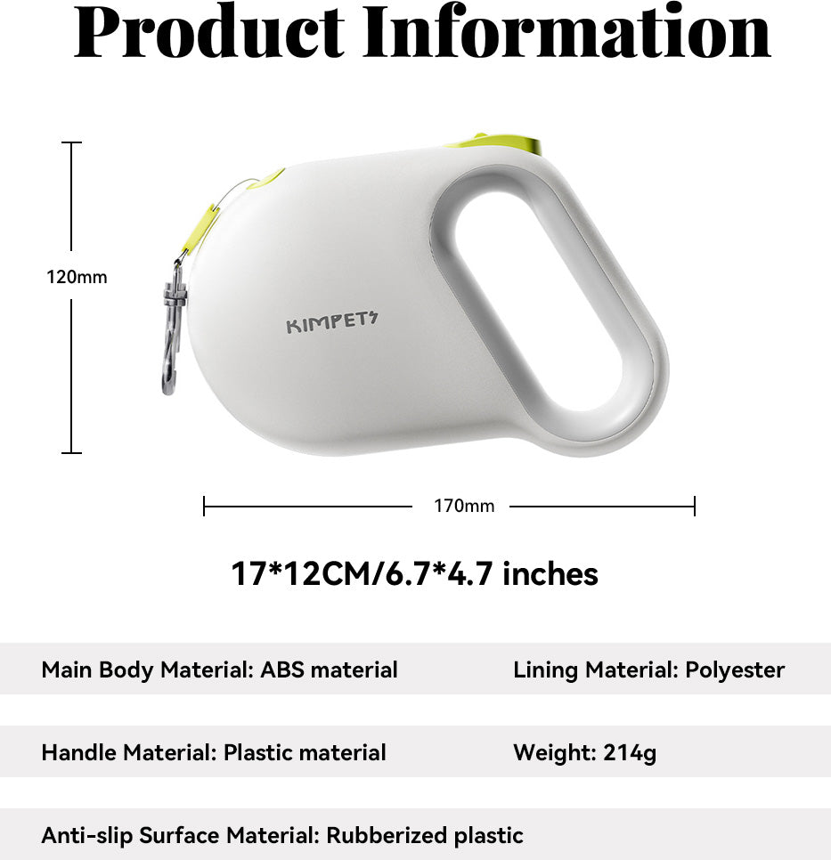 Product information image showing materials, size, and key features of retractable dog leash