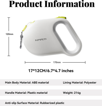Product information image showing materials, size, and key features of retractable dog leash