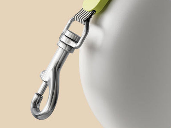Alloy swivel hook on retractable dog leash, showing strong and secure metal clasp