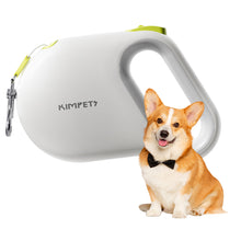 White retractable dog leash with dog, showing clean design and ergonomic handle
