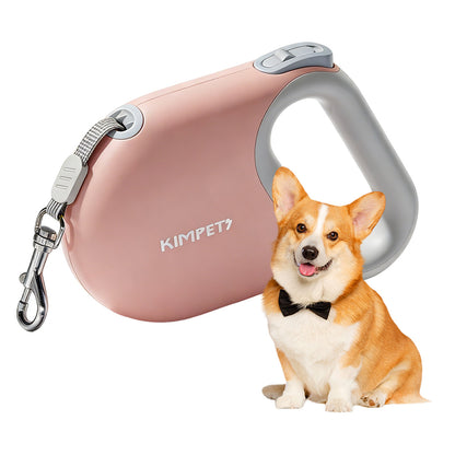 Pink retractable dog leash with dog, highlighting color options and compact form