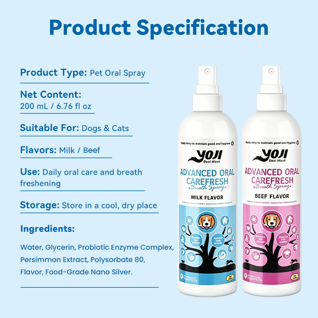 Product specification image for pet oral fresh breath spray, 200 ml dental care spray for dogs and cats in milk and beef flavors with ingredients listed