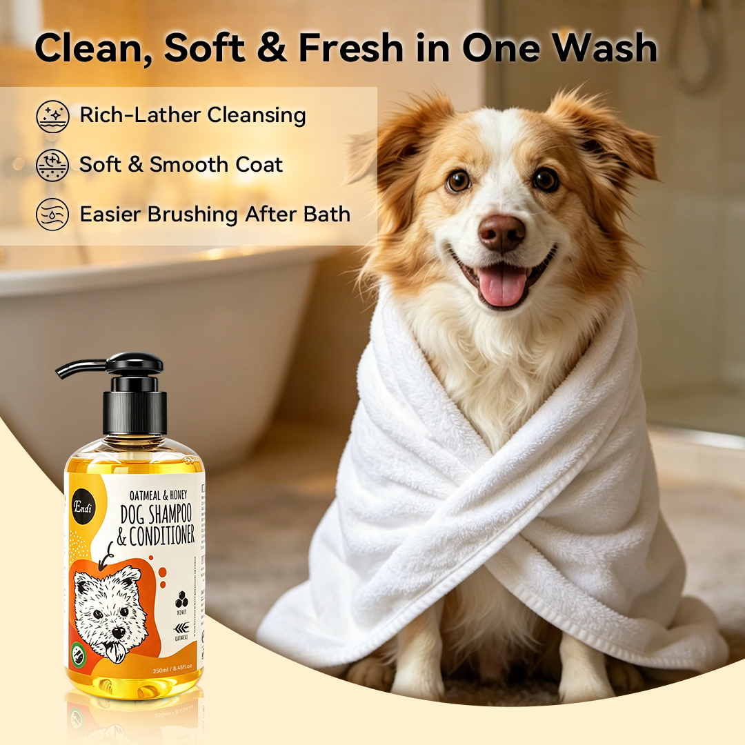 Happy dog wrapped in a towel after bathing beside a bottle of oatmeal and honey dog shampoo and conditioner, with text highlighting deep cleansing, skin comfort and moisture-rich care.