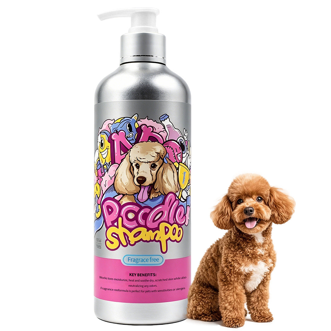 Poodle Dog Fragrance Free Shampoo designed for curly coats that can trap dirt, oil, and odor-causing residue. Helps freshen curly fur while leaving the coat soft, fluffy, and easy to manage.