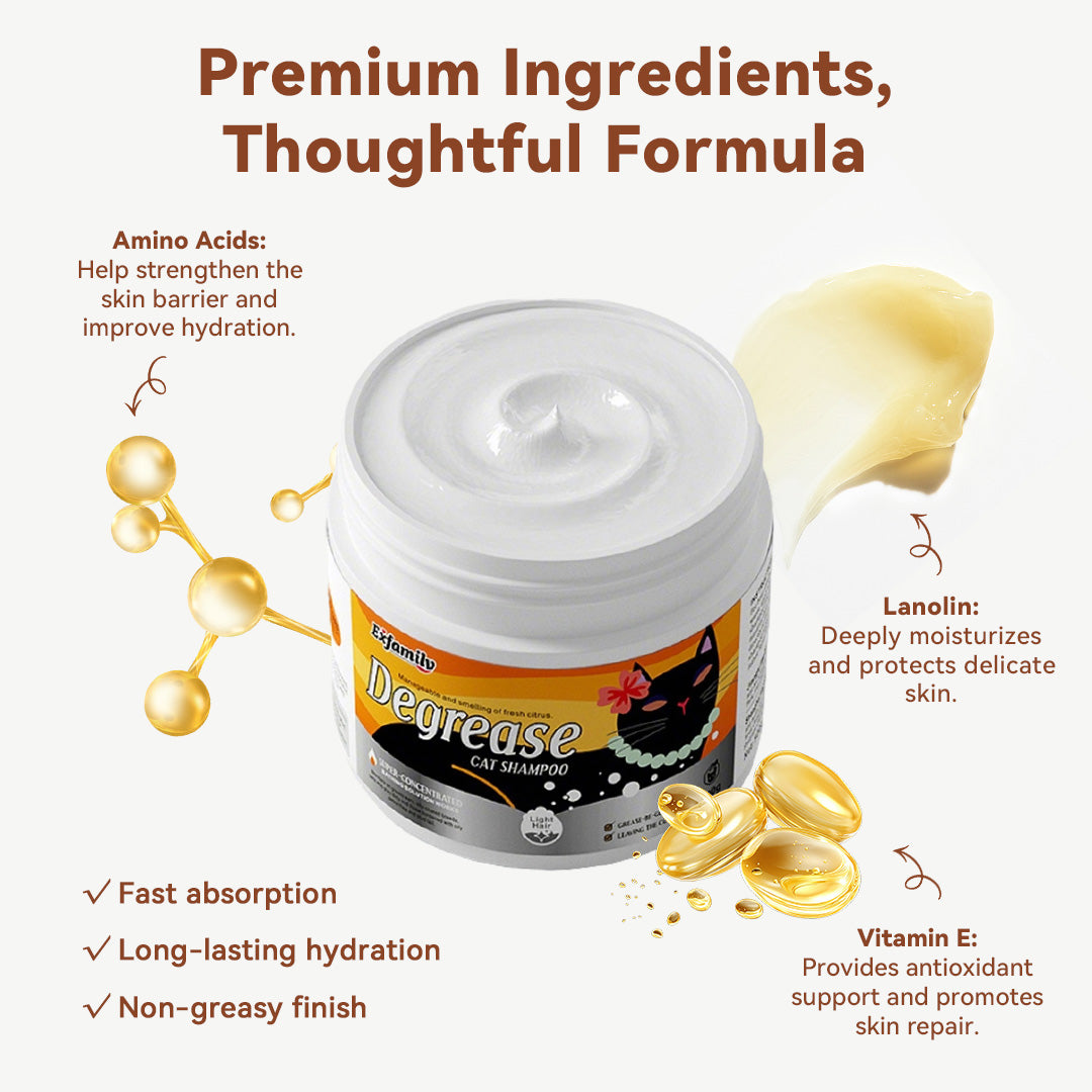 Infographic listing key ingredients of cat de-greasing paste including Amino Acids, Lanolin, and Vitamin E for skin barrier support and hydration.