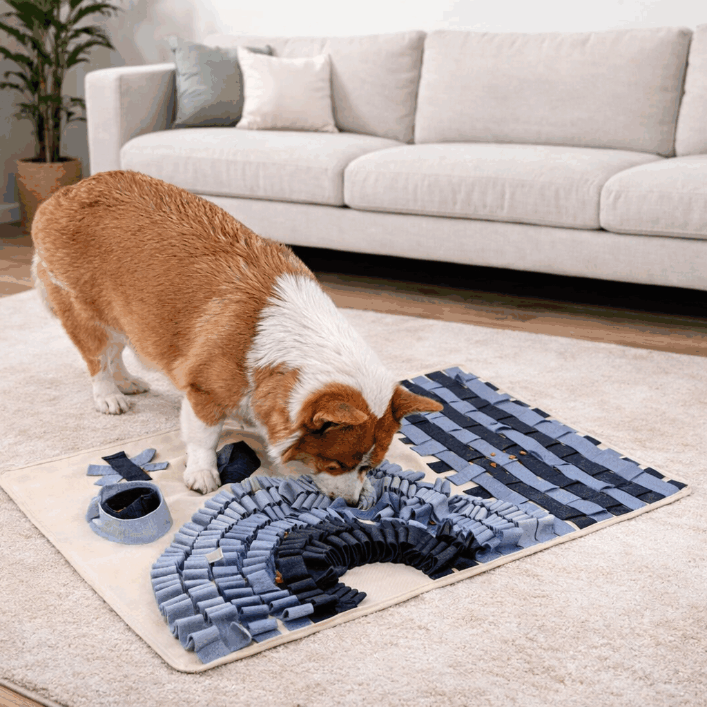 Dog using a snuffle mat to sniff and find hidden treats indoors