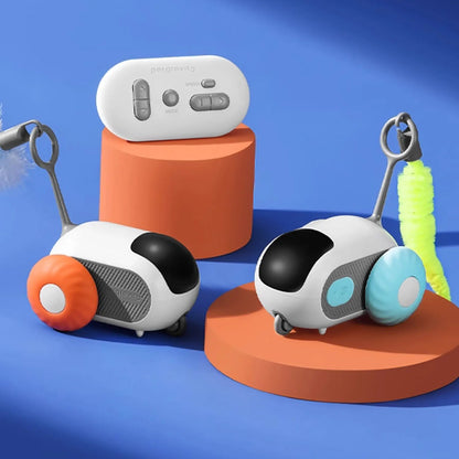 Smart interactive cat toy with remote control and feather teaser on display stand