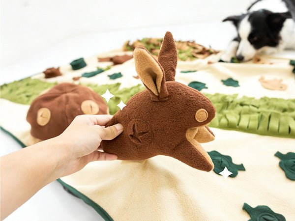 Removable bunny toy for solo play on snuffle mat