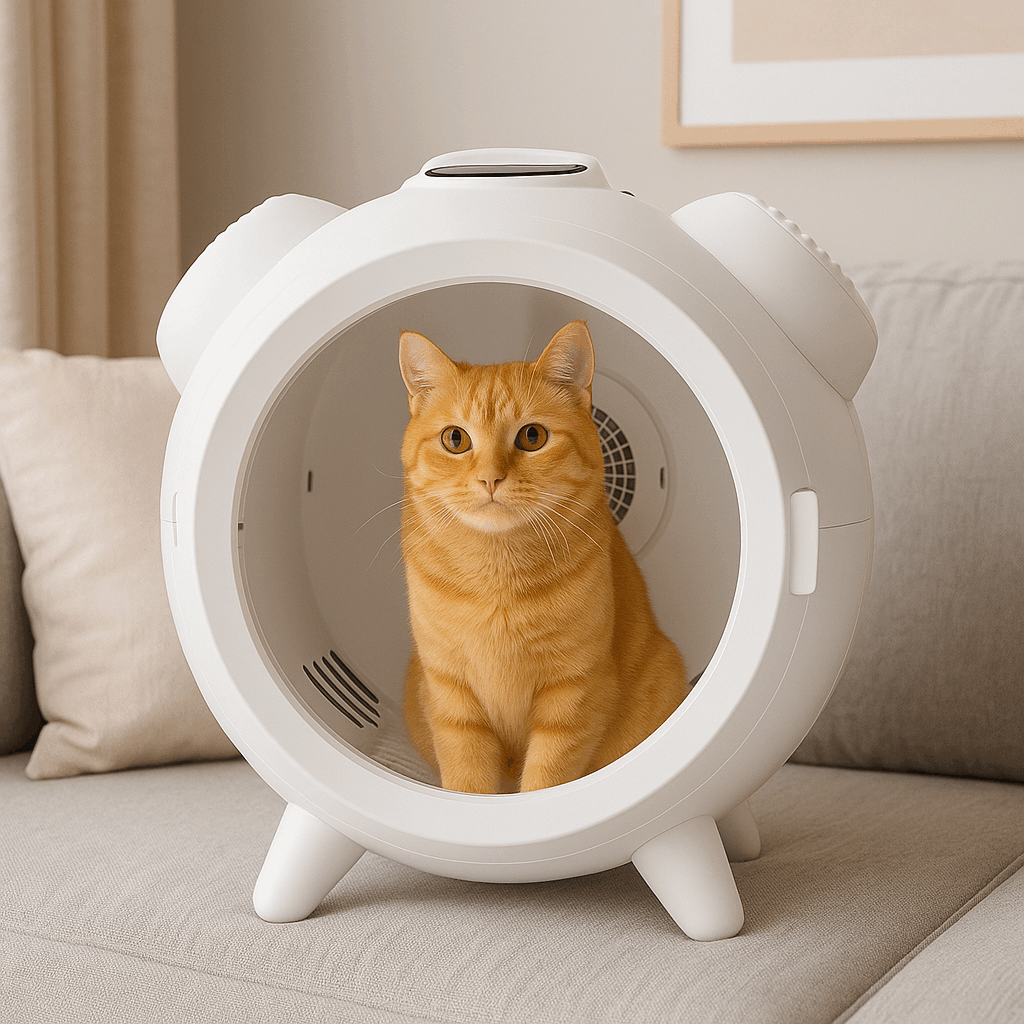 Orange tabby cat sitting comfortably inside a modern white pet dryer box on a beige sofa in a cozy living room