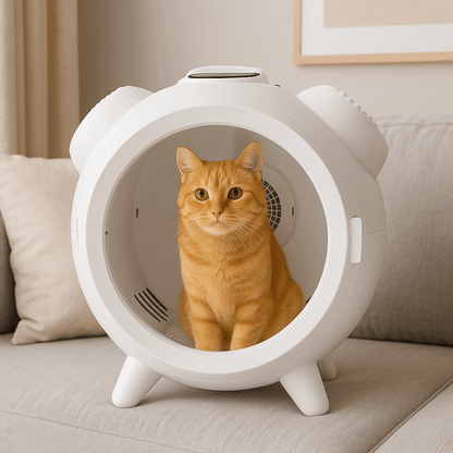 Orange tabby cat sitting comfortably inside a modern white pet dryer box on a beige sofa in a cozy living room