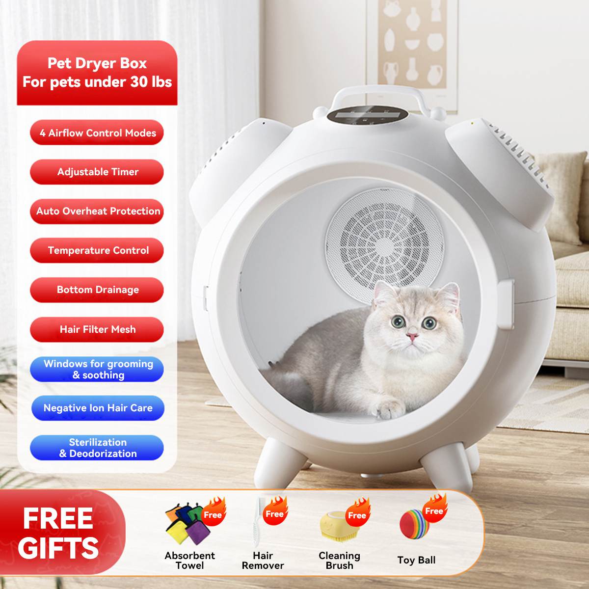 Gray cat resting inside a white pet dryer box with control panel, surrounded by feature labels and icons highlighting airflow modes, timer, temperature control, and free gifts including a towel, brush, and toy ball