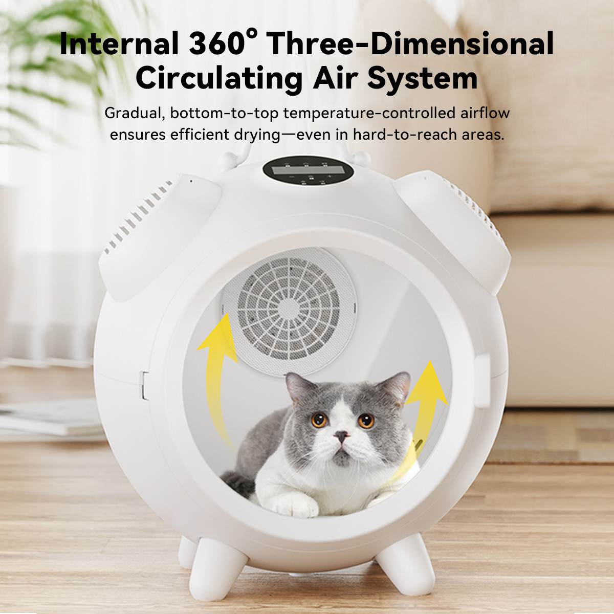 Gray and white cat inside a round white pet dryer box with arrows indicating the internal 360° three-dimensional circulating air system for efficient, even drying.