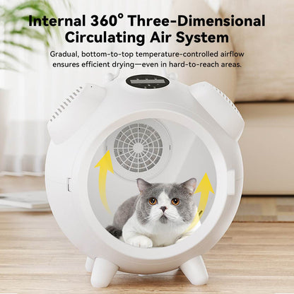 Gray and white cat inside a round white pet dryer box with arrows indicating the internal 360° three-dimensional circulating air system for efficient, even drying.