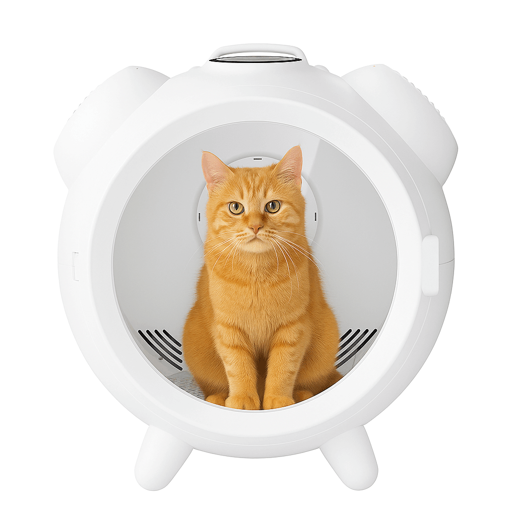 Orange tabby cat sitting calmly inside a white modern pet dryer box, showcasing spacious interior and pet-friendly design for gentle drying.