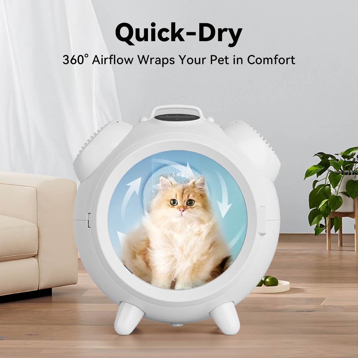 Fluffy cat inside a white pet dryer box with 360° airflow system, promoting fast and comfortable drying with arrows illustrating air circulation.