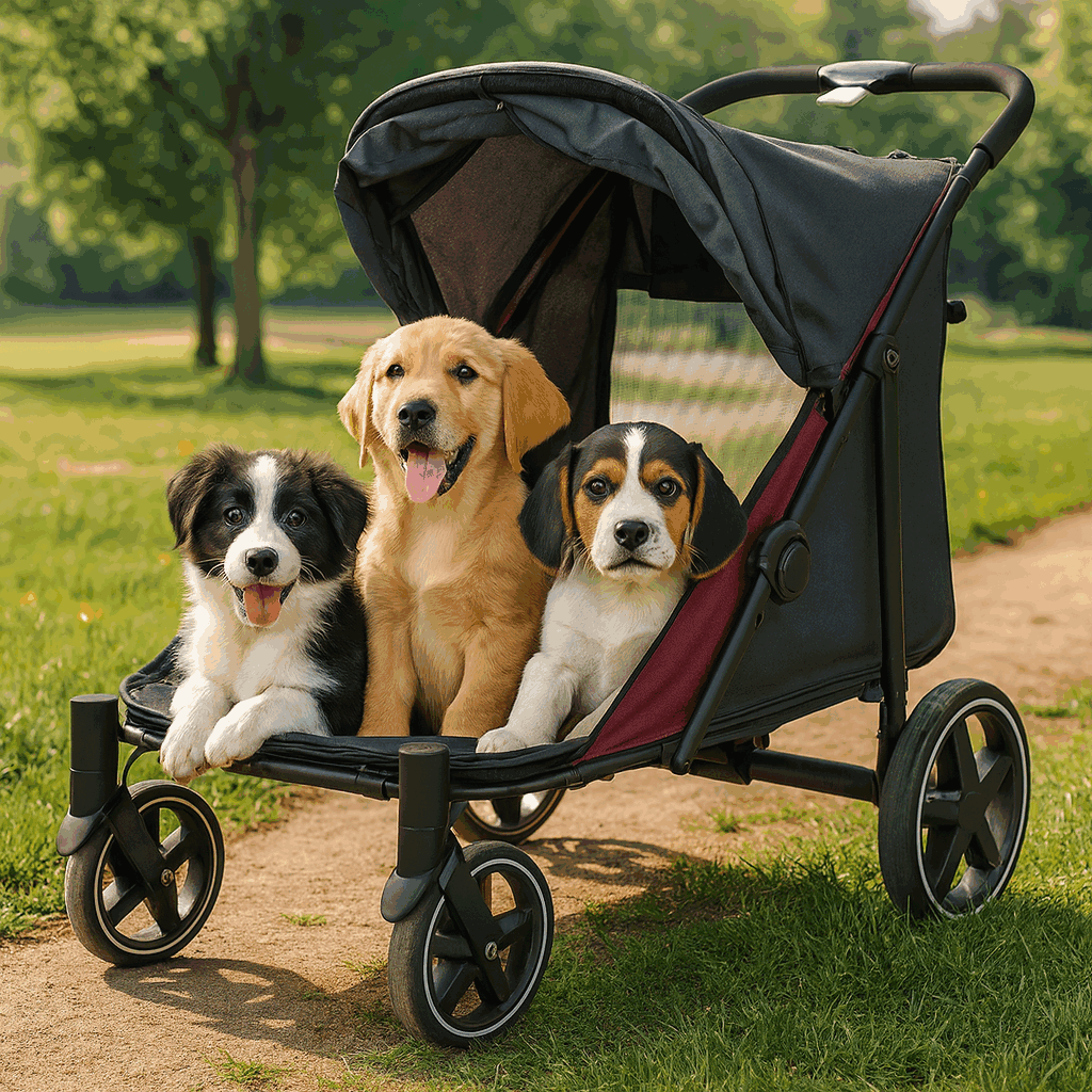 SL60 Extra Large Pet Stroller carries 3 puppies