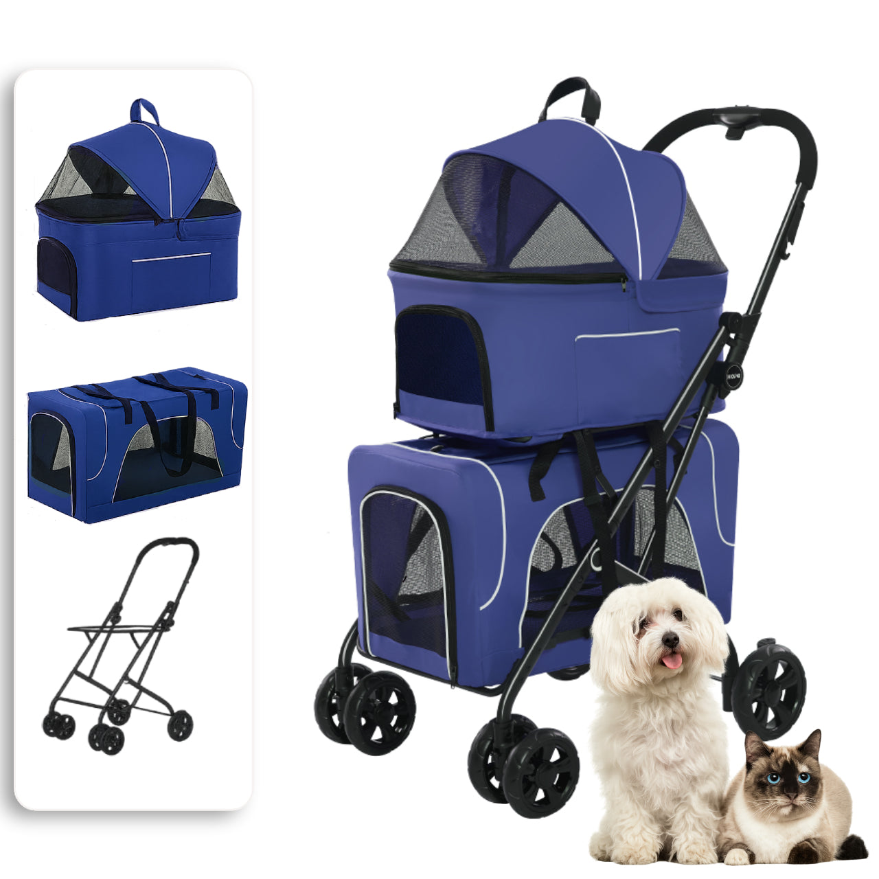 SS15 Detachable Double Decker Pet Stroller – Safe Comfortable for Medium Small Dogs & Cats Blue