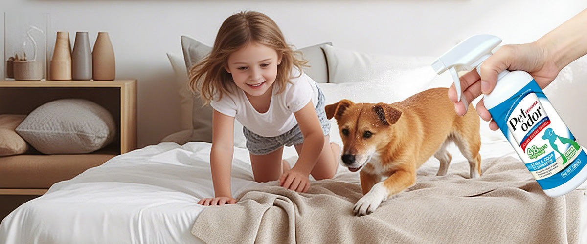 Dog and a girl sitting on the bed, Pet odor spray in action