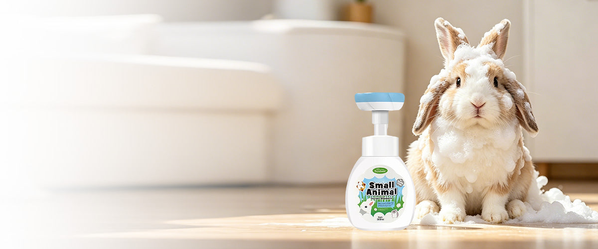 Next to the rabbit is a bottle of pet foaming shampoo for Small Animal 