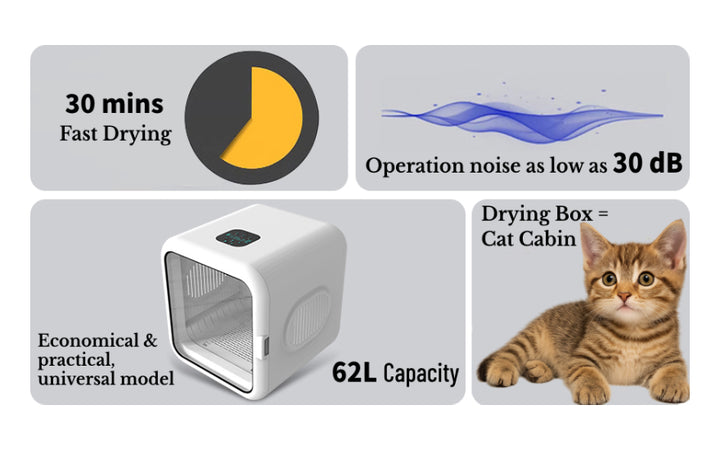 Square Smart Dryer Box function overviews: Fast Drying, low noise operation, 62L Capacity and can be cat cabin