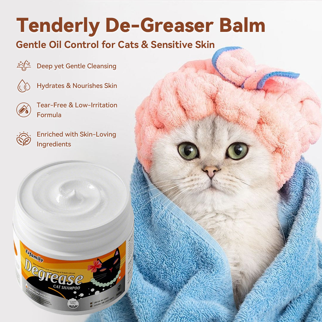 Tenderly De-Greaser Shampoo product packaging for cats with sensitive skin, featuring deep cleansing and tear-free formula.