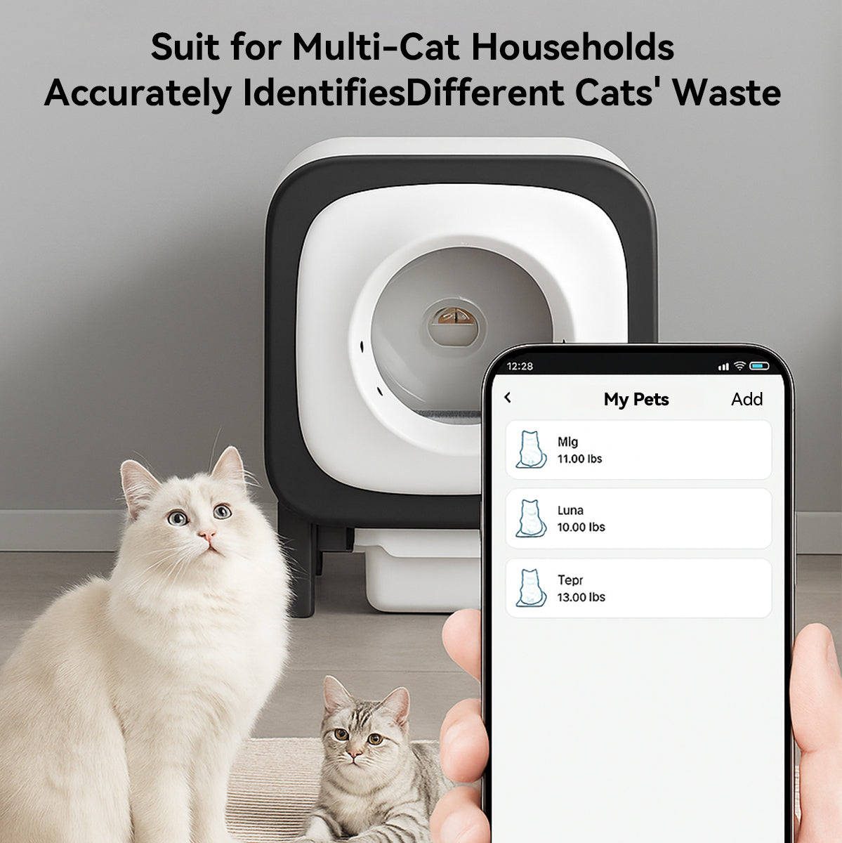 This Smart Cat self cleaning Litter box Can intelligently recognize up to 3 cats (Weight difference of more than 3 pounds). Keep track of cat data at all times.
