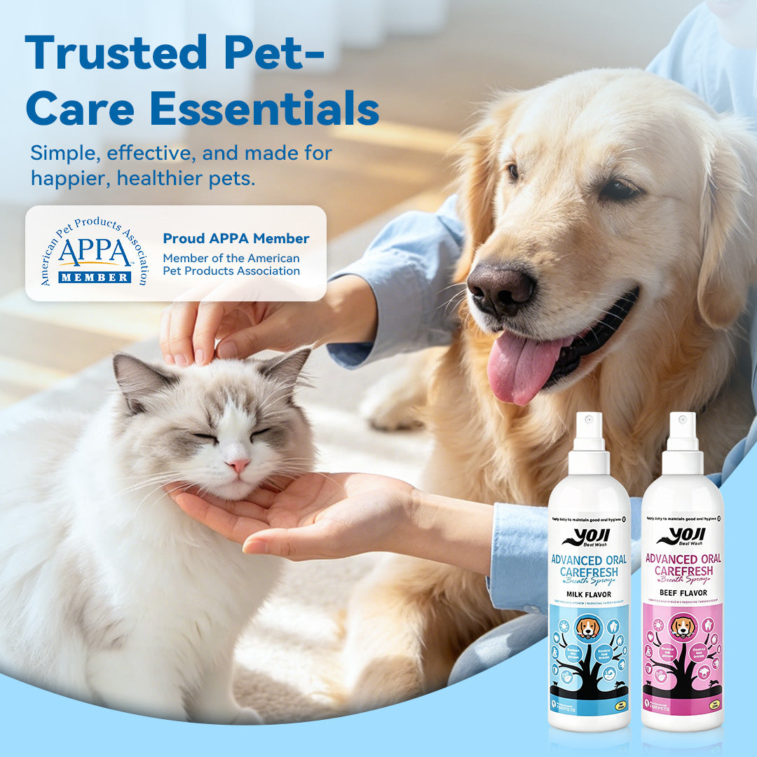 Trusted pet care dental spray for dogs and cats with APPA member badge and happy pets