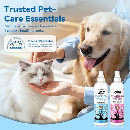 Trusted pet care dental spray for dogs and cats with APPA member badge and happy pets