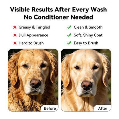 Dog shampoo before and after results showing a cleaner, smoother, softer, and shinier coat after washing