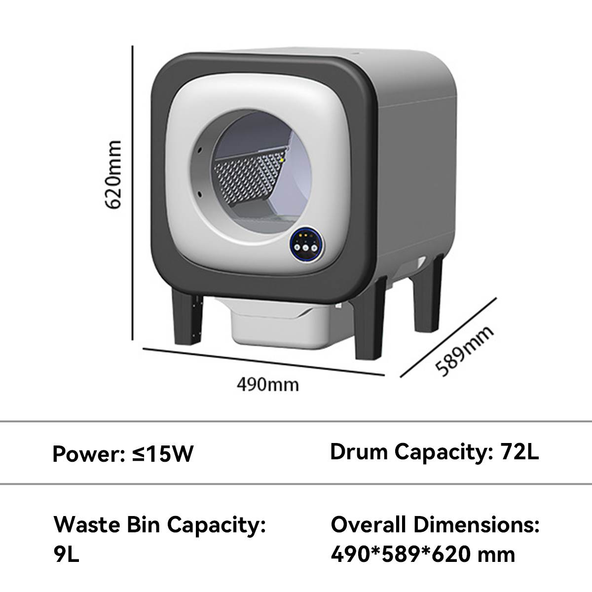 the size of X25 Cat Smart Self-Cleaning Litter Box is 620*490*589mm