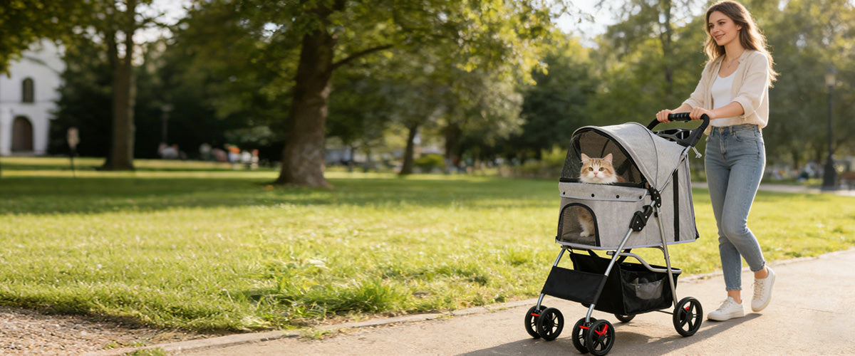 Woman walking a cat in a breathable pet stroller with mesh windows, smooth wheels, and storage basket for outdoor walks