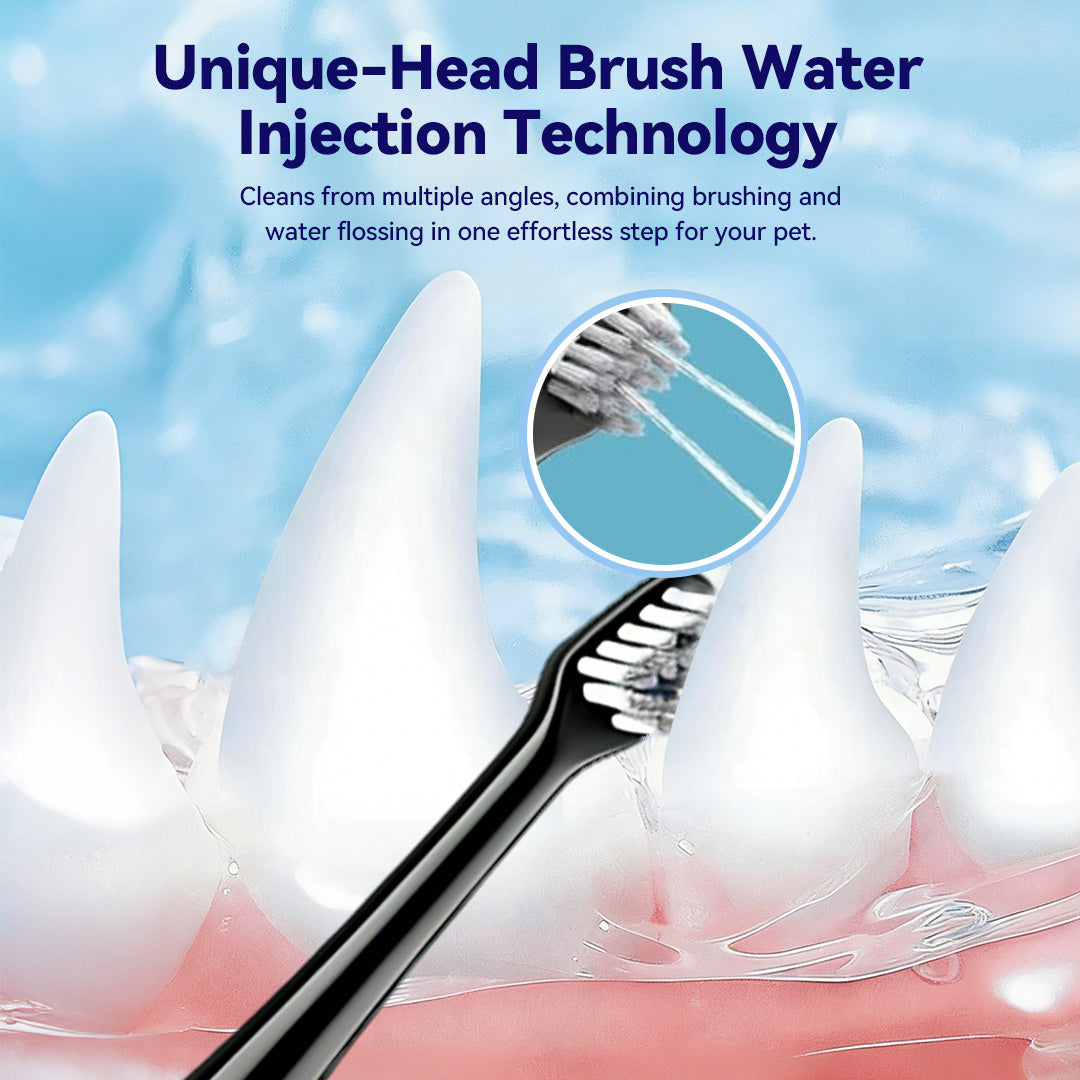 Unique dual-head brush with water injection technology for pets, cleaning from multiple angles by combining brushing and water flossing in one step.