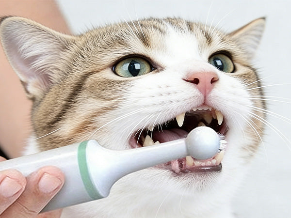 Gently brushing a cat’s teeth and gum line with an electric cat toothbrush