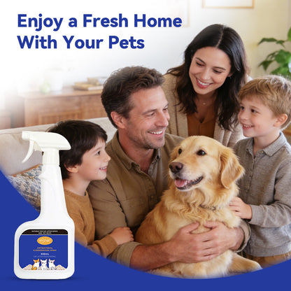 Happy dog owners spraying natural deodorizer in a clean, fresh living room with their golden retriever