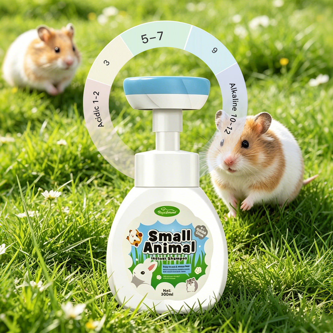 The same shampoo bottle is displayed on lush green grass, with two adorable hamsters nearby and a pH scale graphic (showing the product’s pet-safe 5-7 pH range) overlayed, emphasizing its gentle, small-animal-friendly formula.